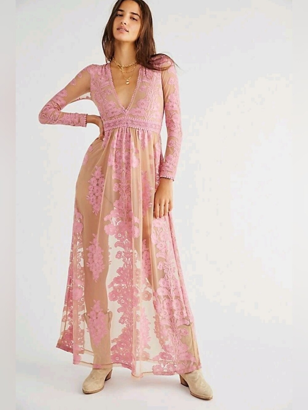 For Love & Lemons Temecula Maxi Dress Long Sleeve Pink M